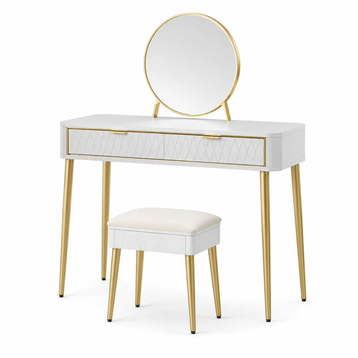 Schminktisch Set MDF Weiß Gold Rundspiegel Polyester Hocker