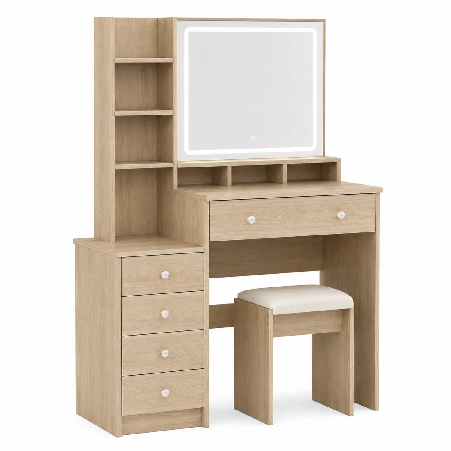 MDF Schminktisch mit Spiegel und Hocker, Eiche