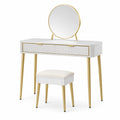 Schminktisch Set MDF Weiß Gold Rundspiegel Polyester Hocker