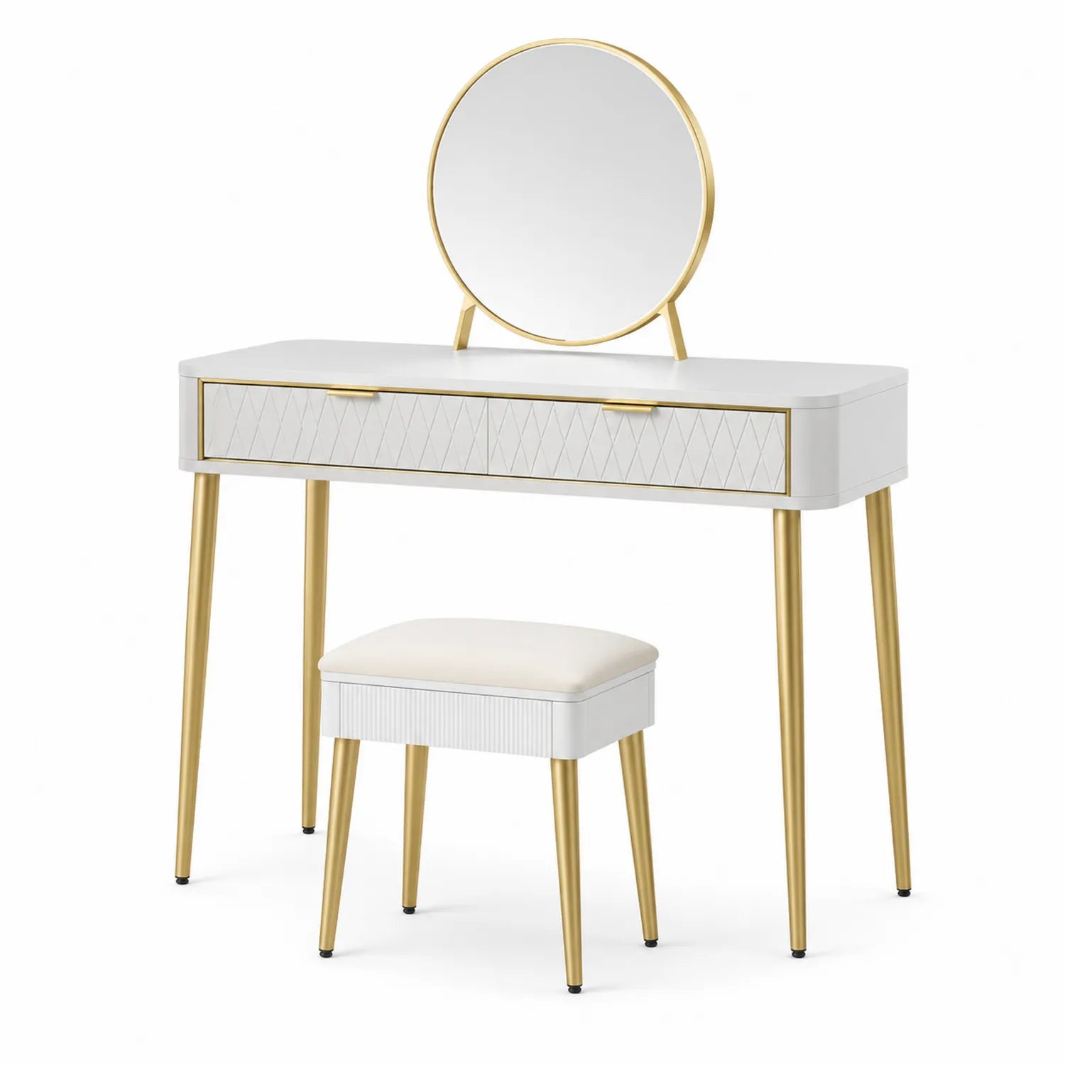 Schminktisch Set MDF Weiß Gold Rundspiegel Polyester Hocker