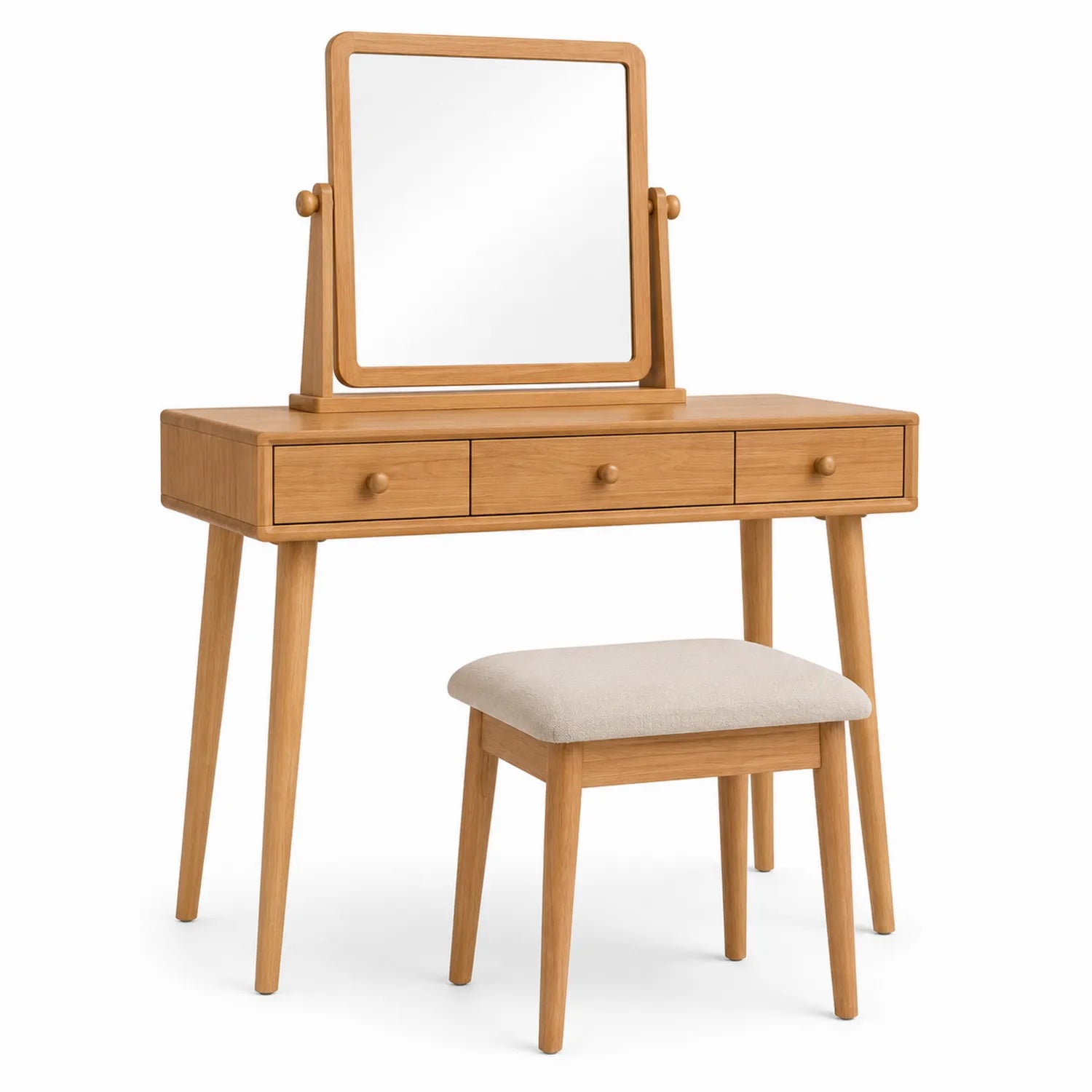 Schminktisch Set aus Kiefernholz mit Spiegel und Hocker
