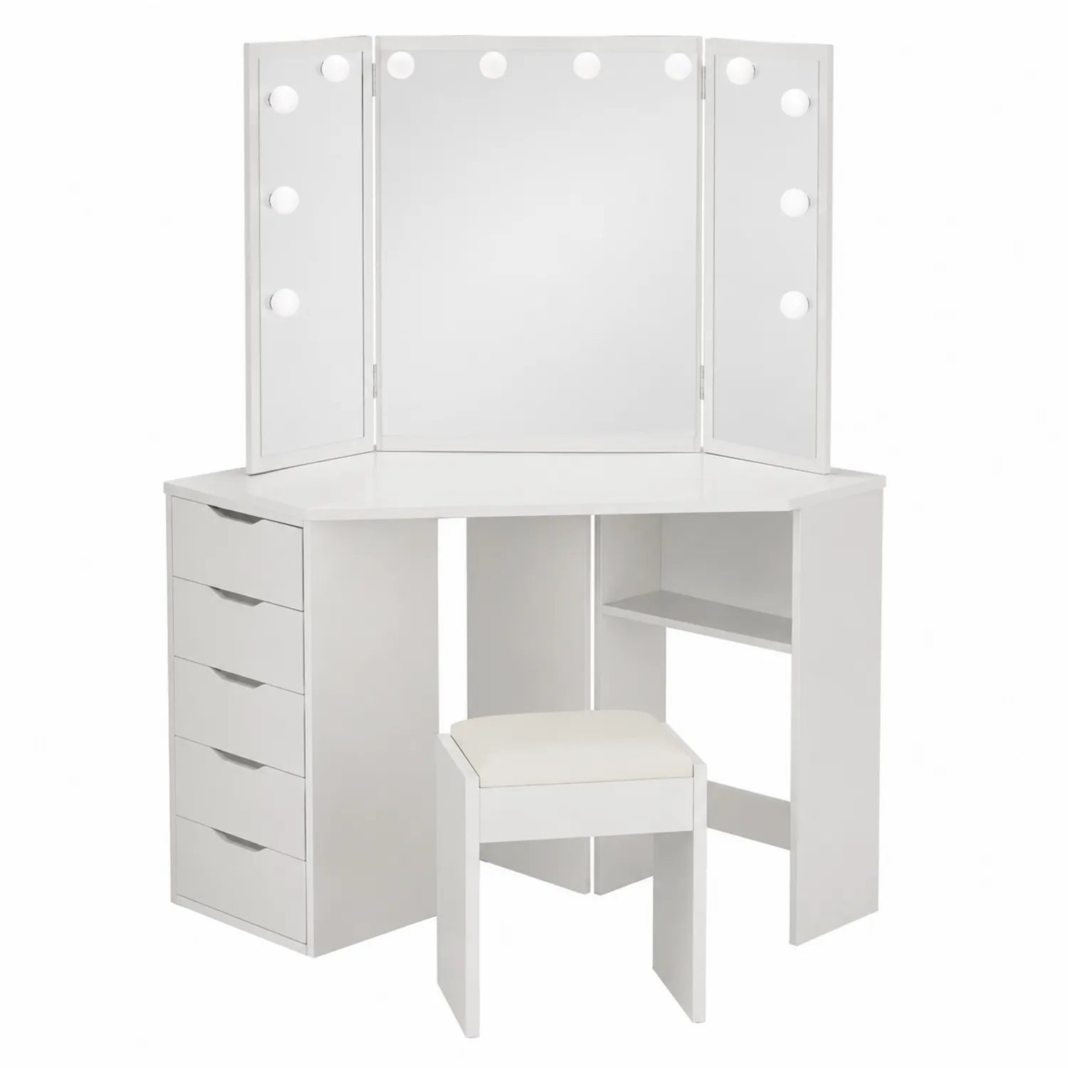 Eckschminktisch mit dreifachem Spiegel und Hocker, MDF, Weiß