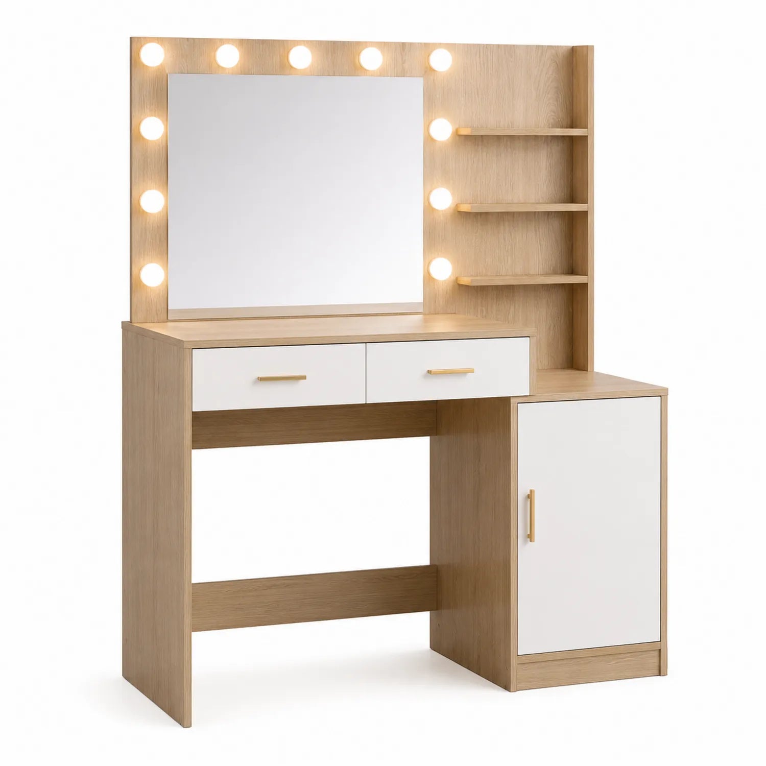 Schminktisch aus Holz mit Spiegel und Beleuchtung, Eiche/Weiß