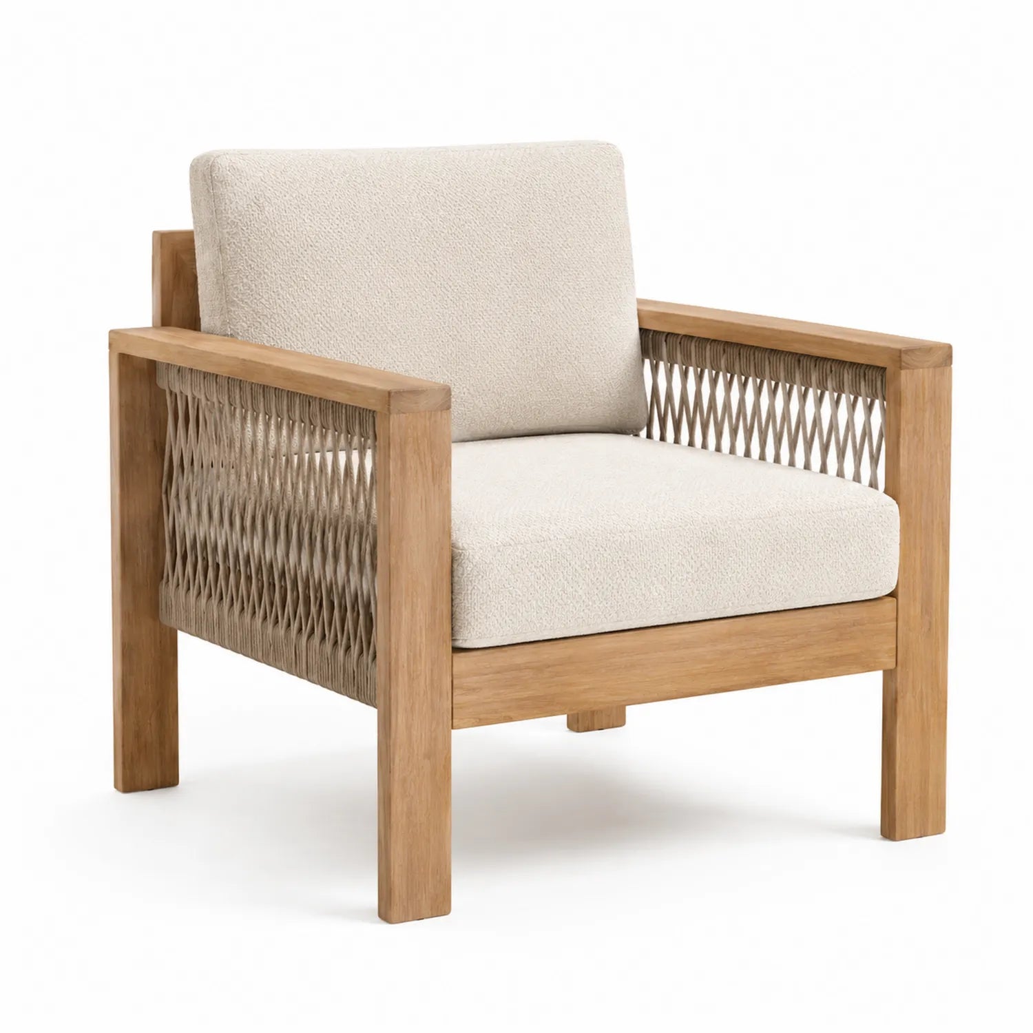 Outdoor Sessel aus Teak und Acrylseil Beige